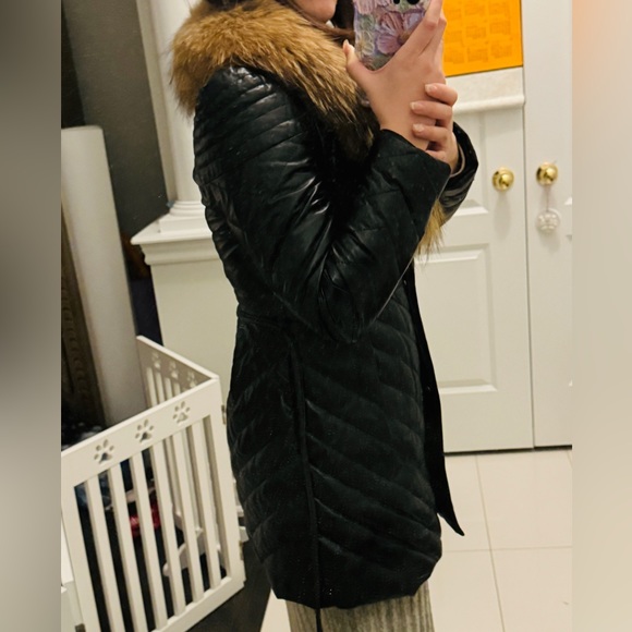 Genuine Lamb Leather with Real Fur Hood Down Jacket, Size L - Picture 13 of 14